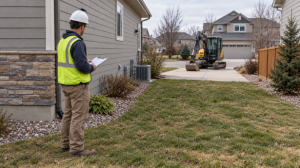 Excavation contractor reviewing a residential work area and equipment access route before digging.