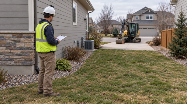 Excavation contractor reviewing a residential work area and equipment access route before digging.