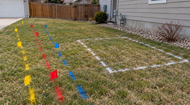 Marked utility lines and a defined excavation work area on a residential property before site work.