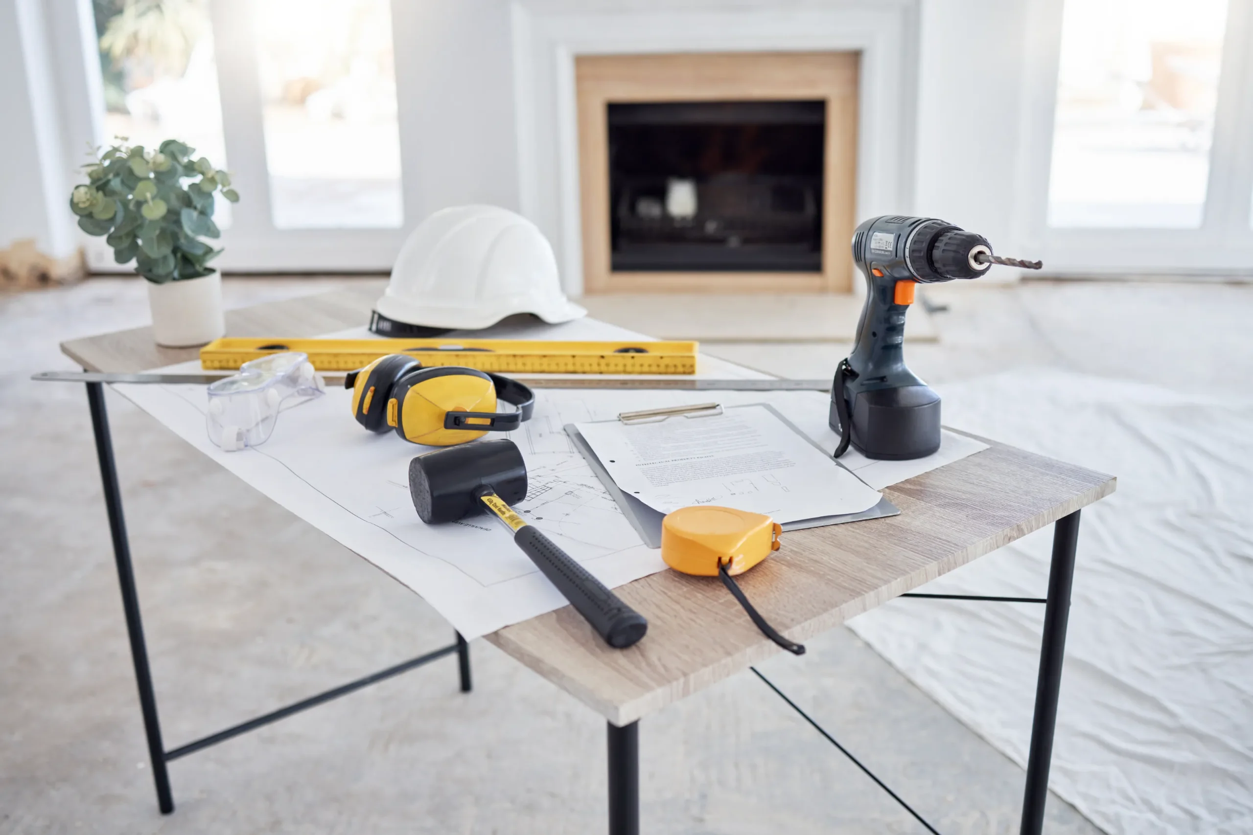 Selection of essential construction tools arranged neatly on a work table in a brightly lit room.